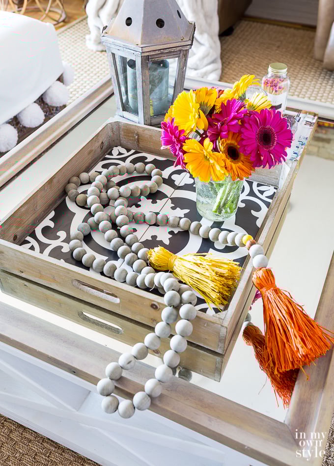Pretty tray decorated for fall on coffee table