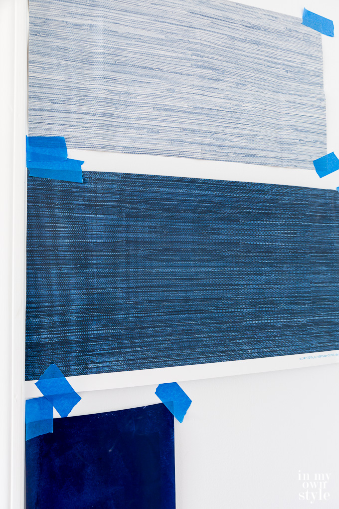 2 colors of Faux Grasscloth wallpaper swatches on wall 