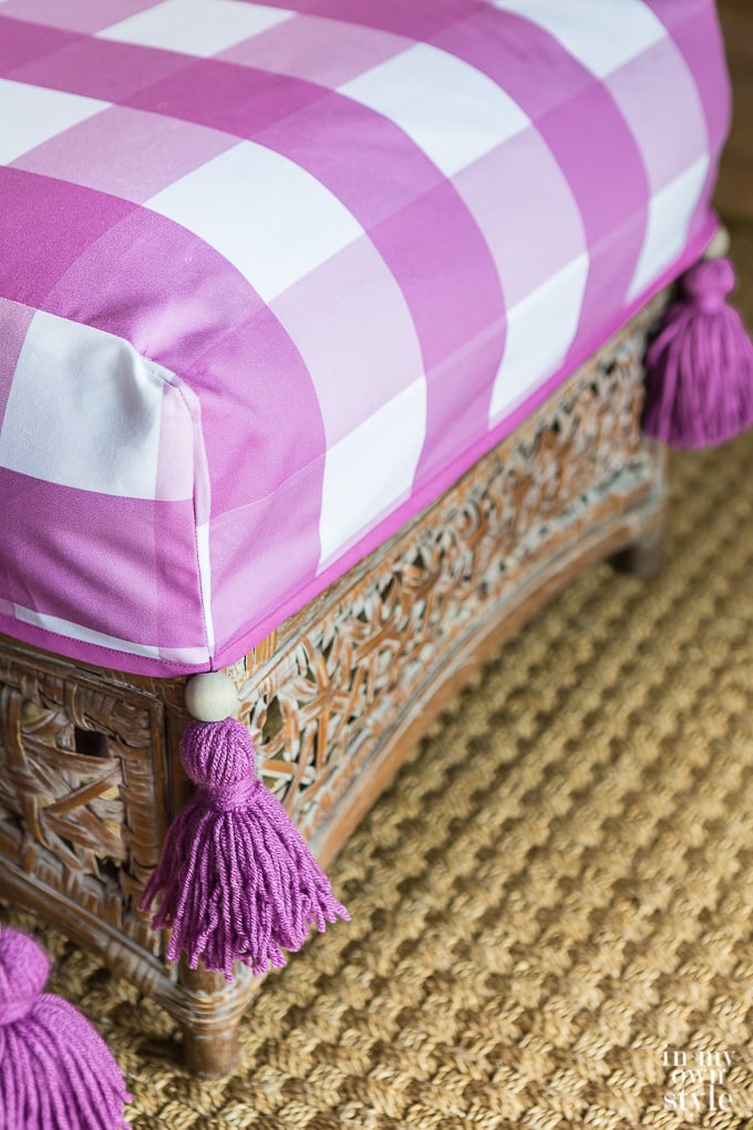 purple and white check ottoman slipcover