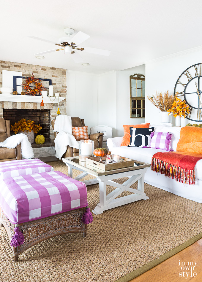 living room decorated for fall