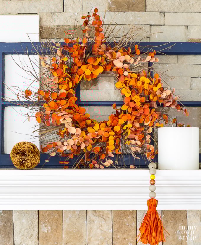 Fall wreath on mantel