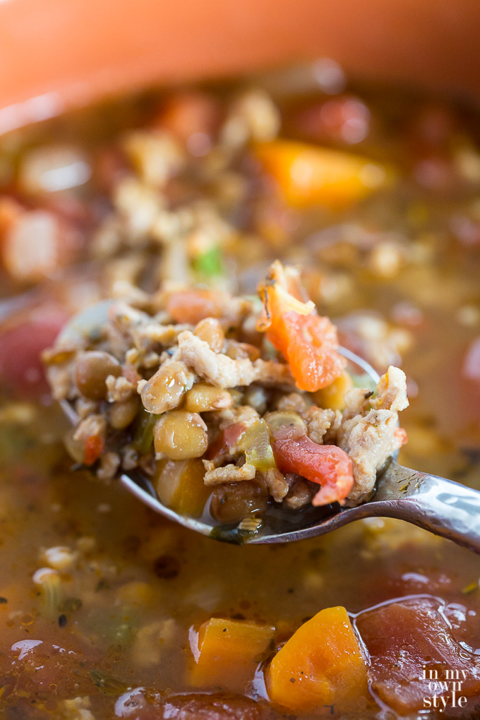 a spoonful of Italian Sausage and Lentil soup