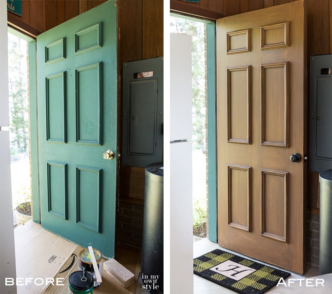 Before and after door faux woodgrain painting makeover