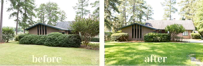 House exterior window before and after removing shrubs in front of it.