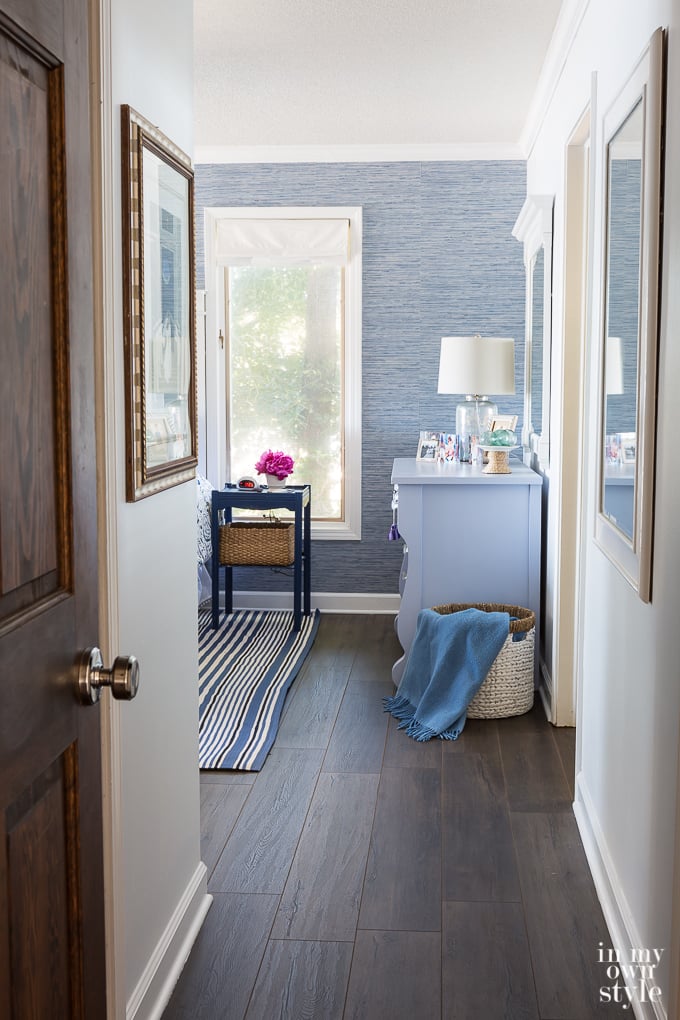 photo showing entering a Blue and white bedroom