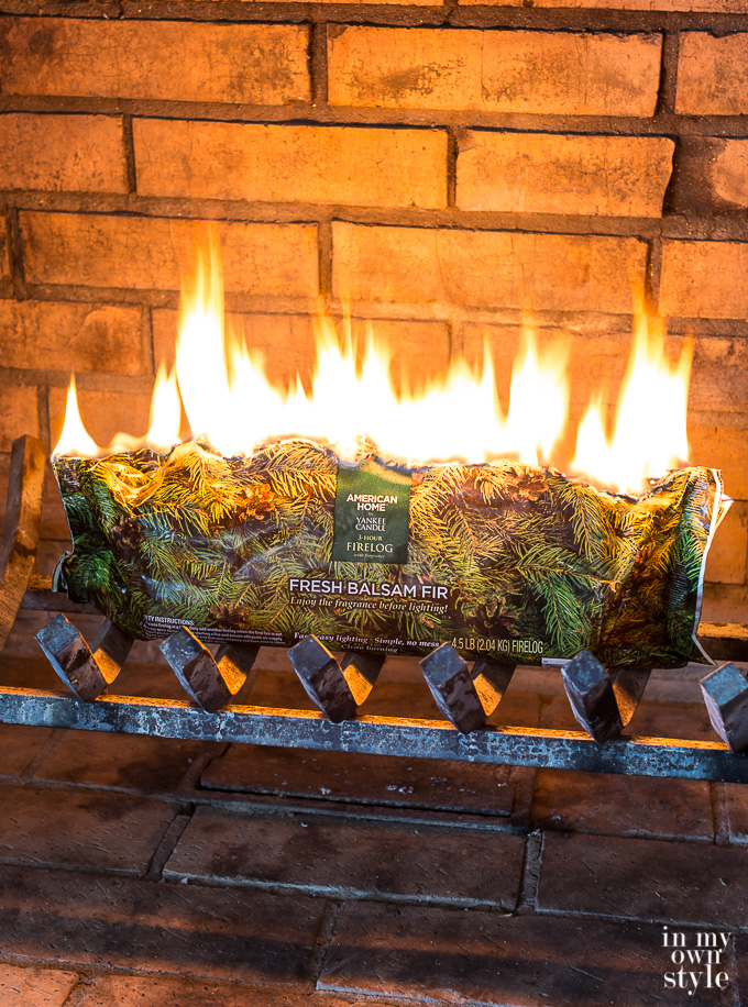 A lit Pine Mountain Firelog in fire
