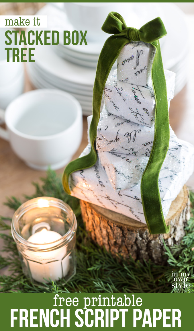 Christmas-Tree-Table-centerpiece-made-with-small-boxes-and-free-printable-of-French-Script-paper