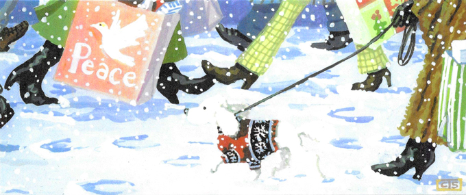 Illustration of Christmas shoppers shopping on snowy city street