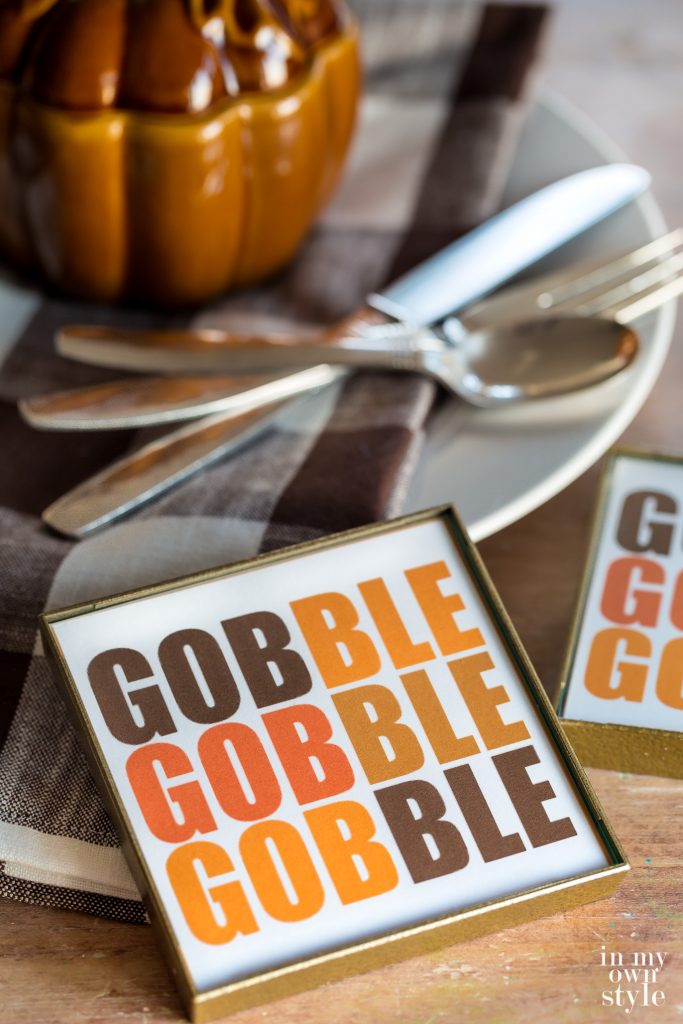 Thanksgiving drink coaster free printable that says Gobble Gobble