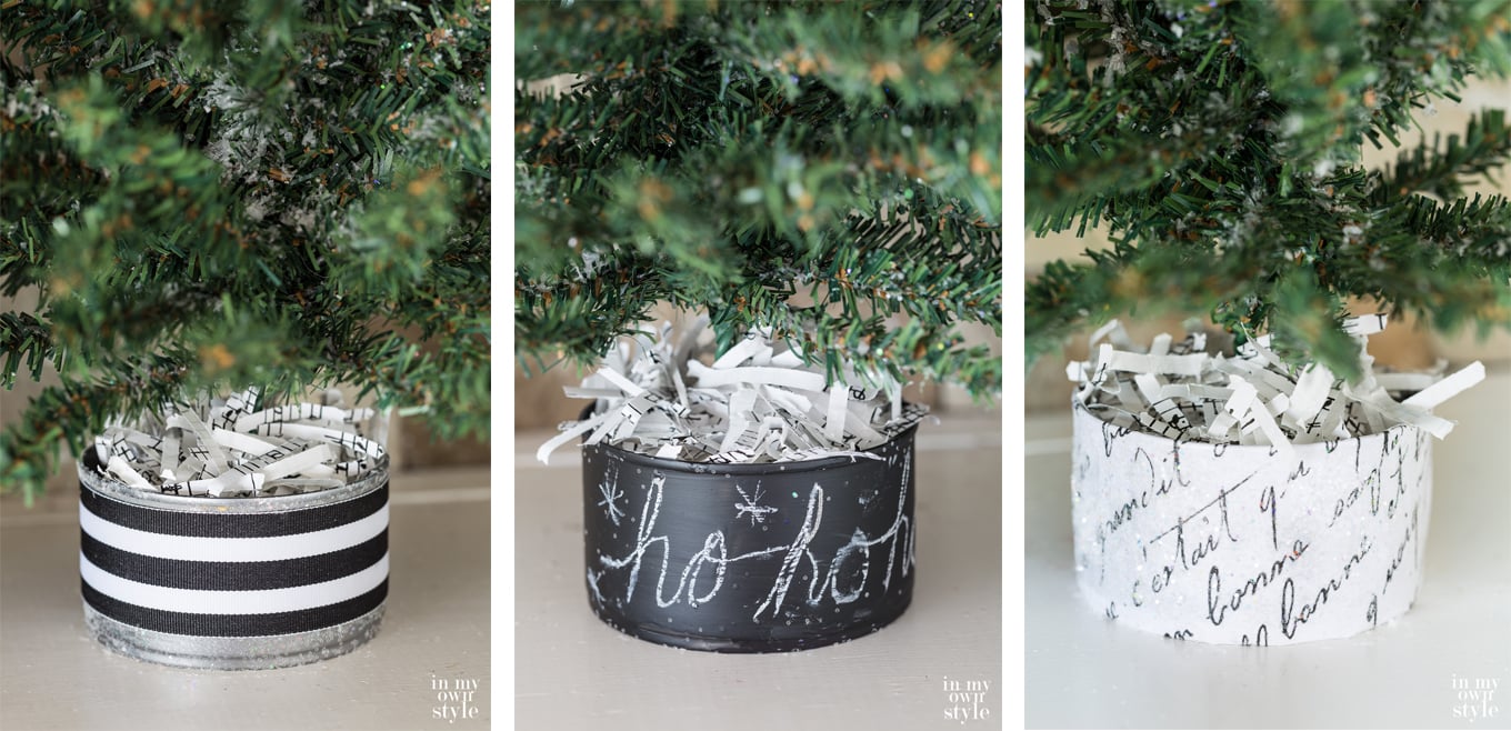 Mini Christmas tree bases restyled using paint, ribbon and glitter.