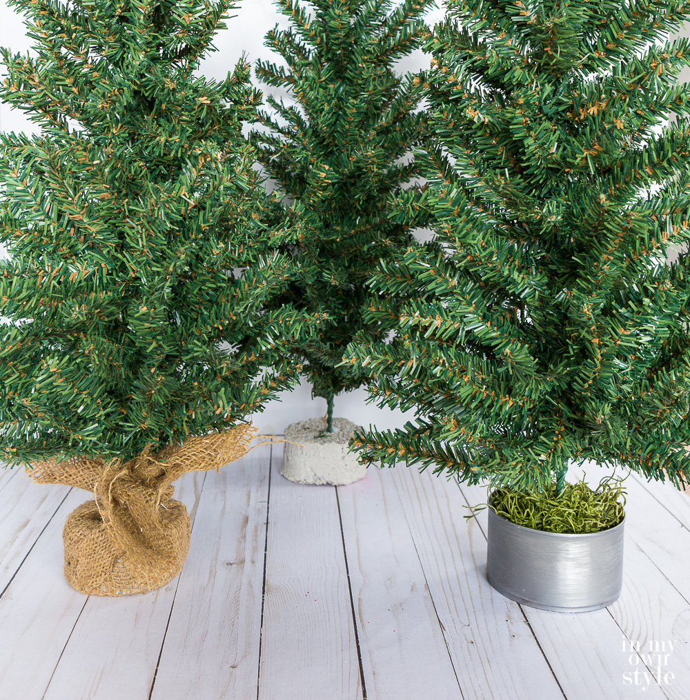 Mini Christmas Tree Styling Idea where you remove the burlap base and replace and restyle it with a tin can.
