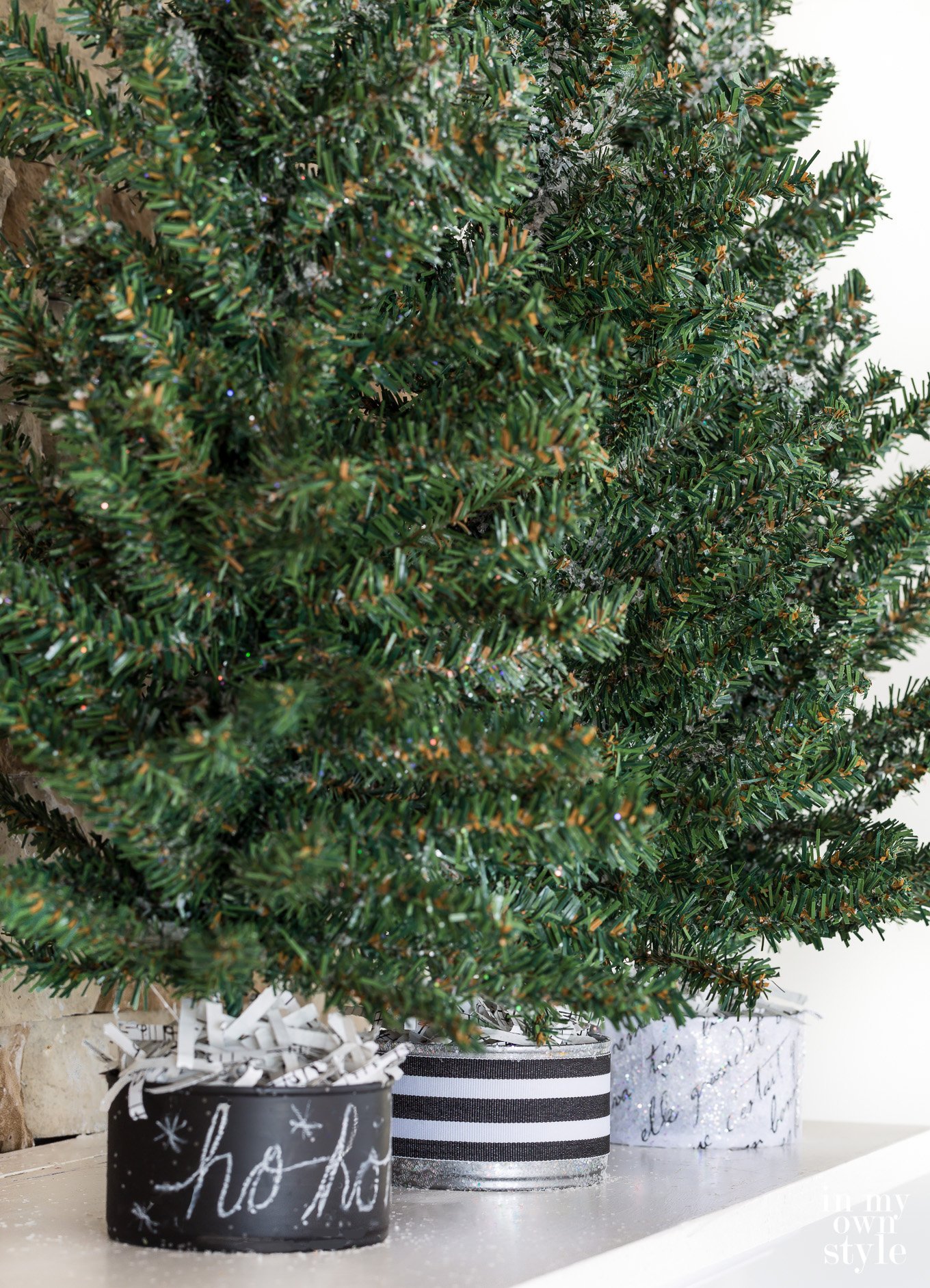 3 Faux pine mini Christmas tree bases styled different ways
