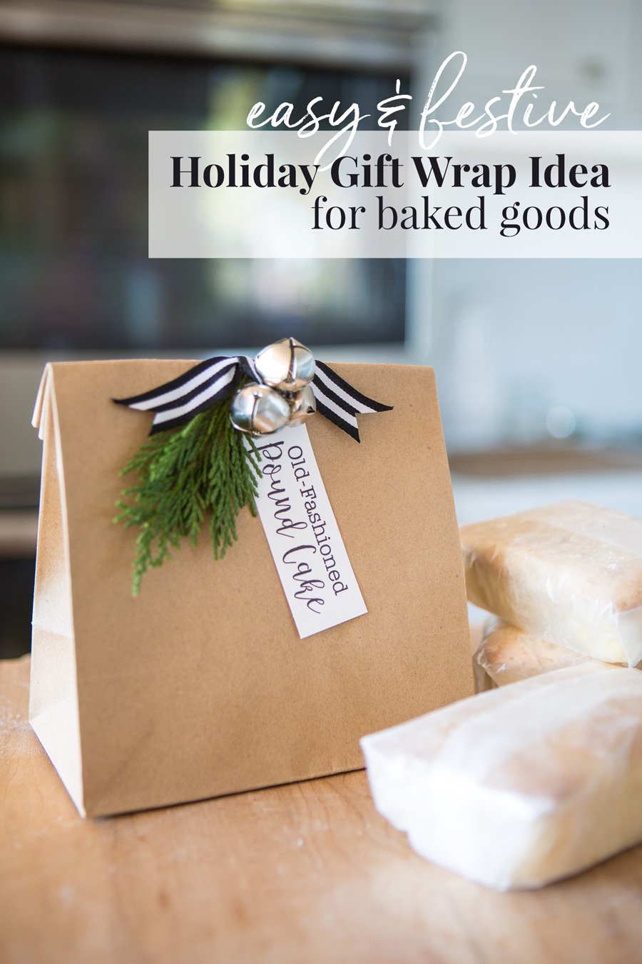 holiday baked goods placed in a brown paper bag with jingle bells to give as a hostess gift.