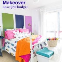Colorful guest bedroom with white walls and pops of vivid color throughout the room.