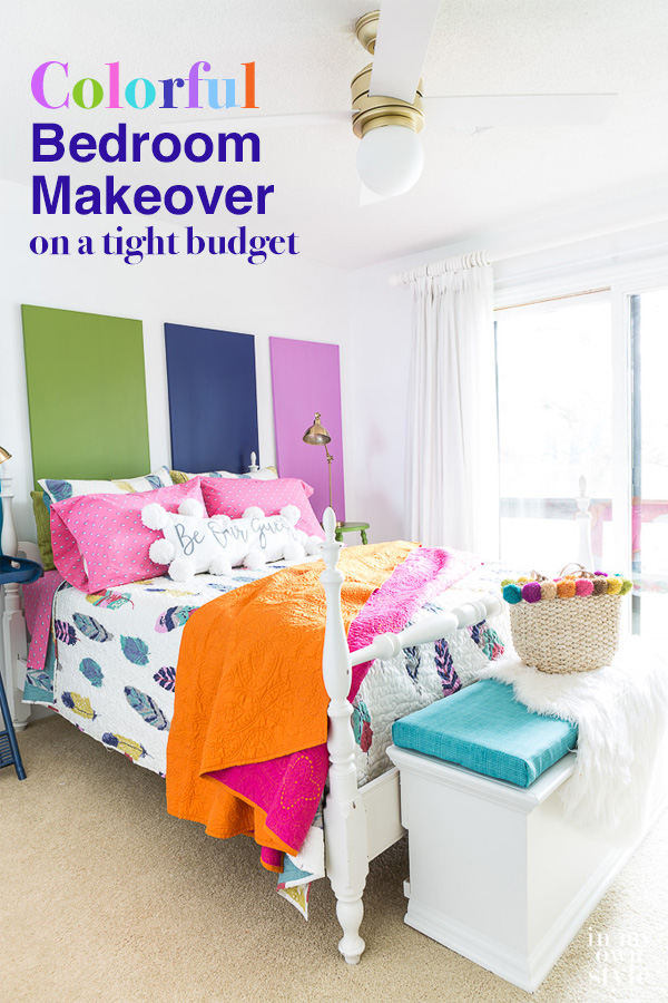 Colorful guest bedroom with white walls and pops of vivid color throughout the room.