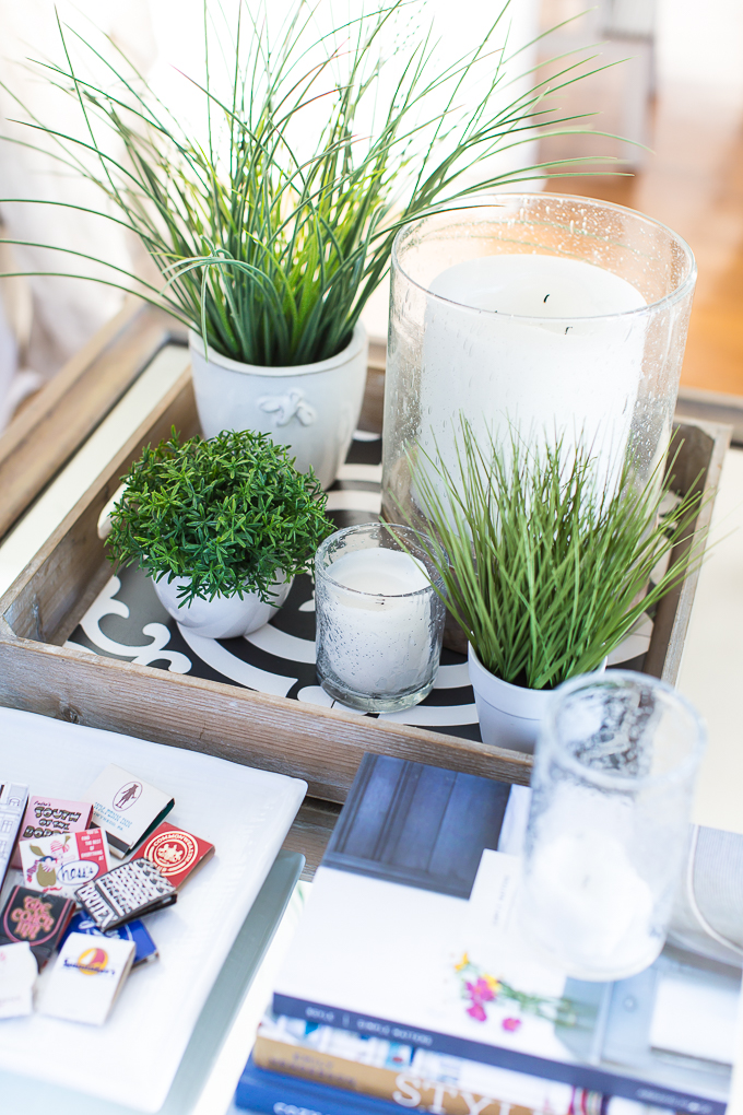 Faux green plants grouped together on a coffee table