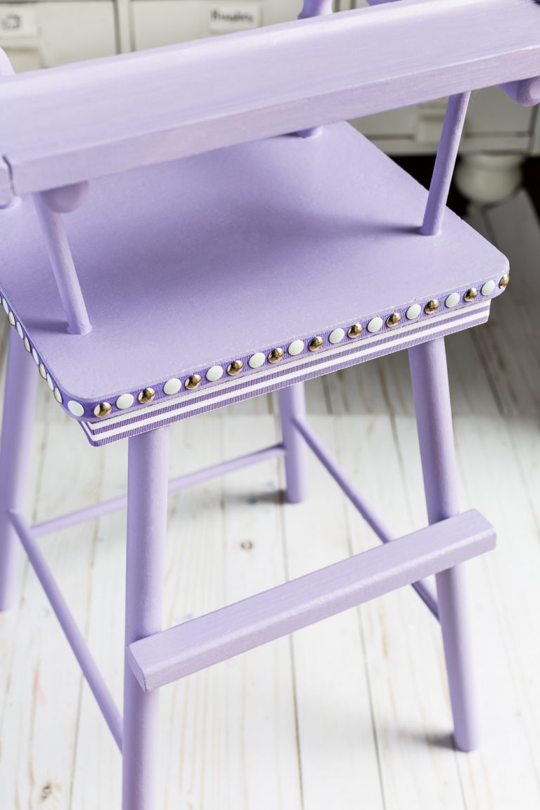 Close up shot of Lavender painted high chair using Country Chic paint