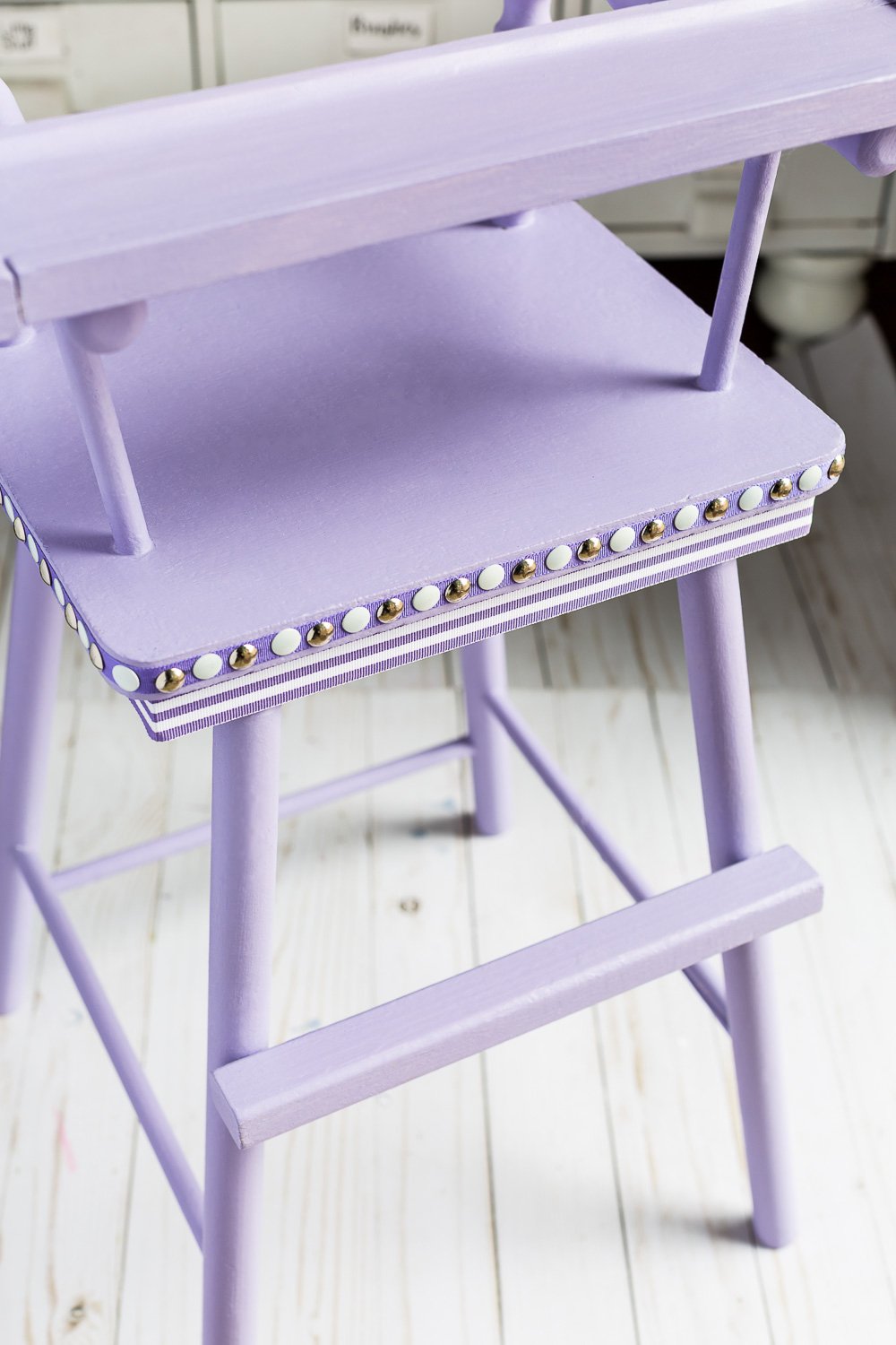 Close up shot of Lavender painted high chair using Country Chic paint