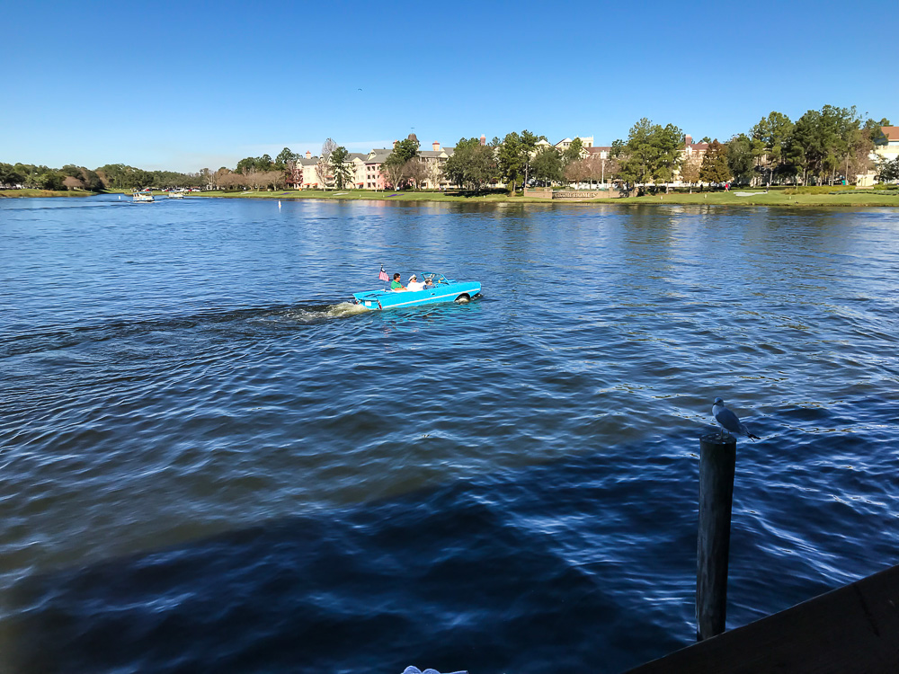 Village Lake at Disney Springs and getting a ride in a vintage Amphicar.
