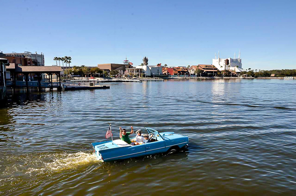 Village Lake at Disney Springs and getting a ride in a vintage Amphicar.