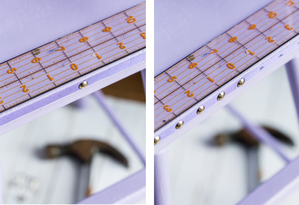 Adding nail head trim to the edge of furniture.