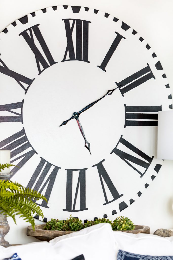 White oversized clock with black Roman numbers