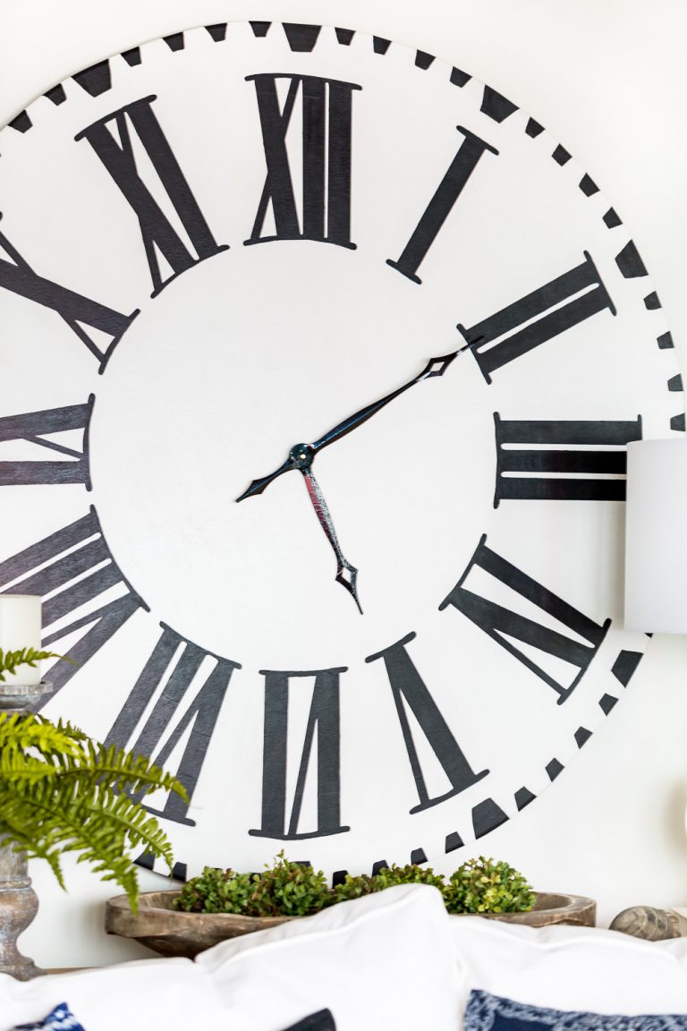 White oversized clock with black Roman numbers