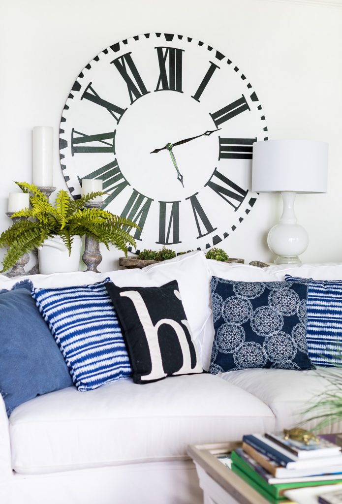 Clock on wall in blue and white decorated living room