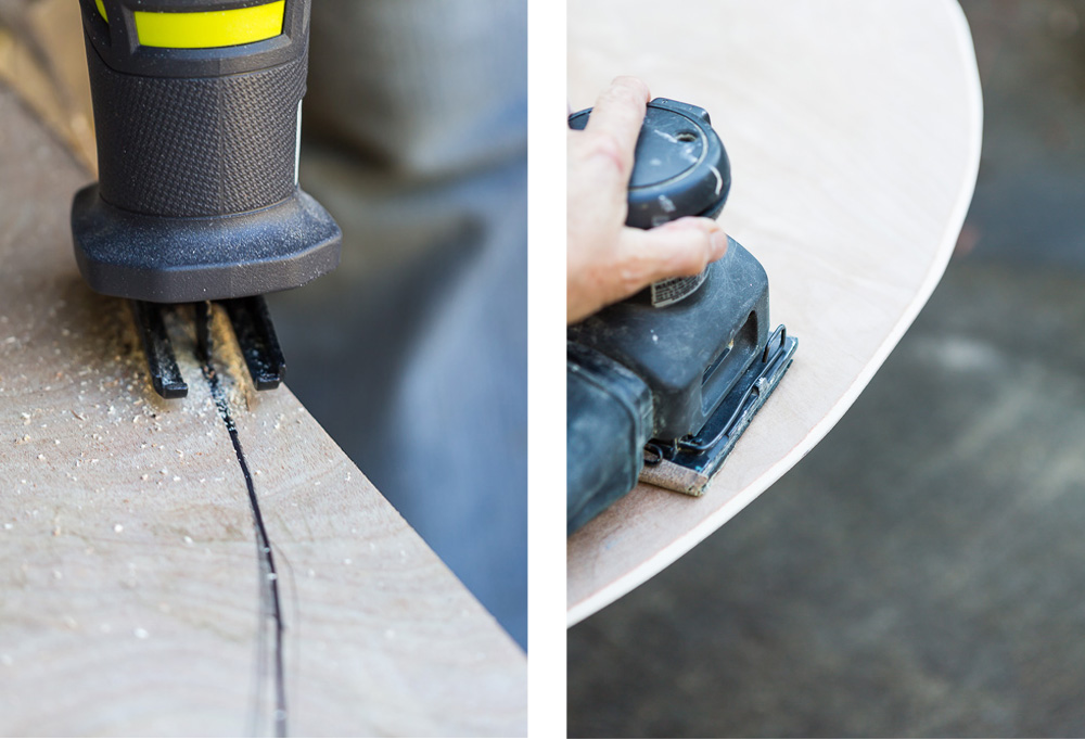 2 images showing how to cut an sand plywood to make a large wall clock