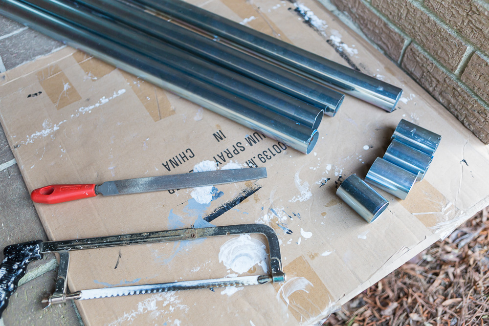 How to cut metal poles to shorten a kitchen island cart on wheels