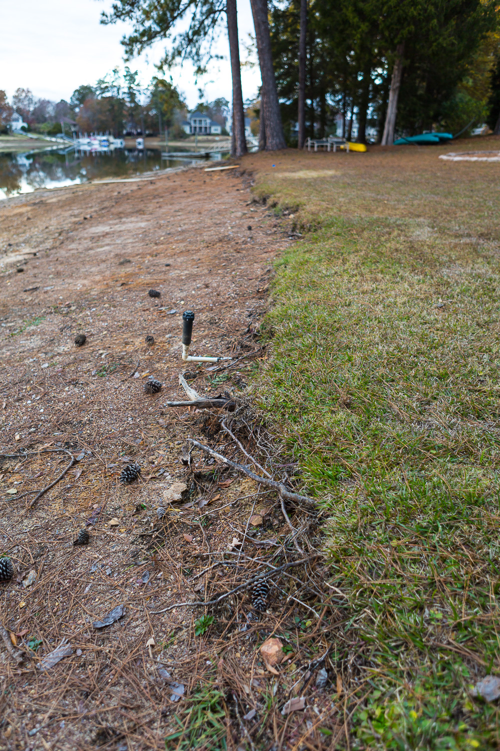 Rough and eroded shore of lake before adding Riprap