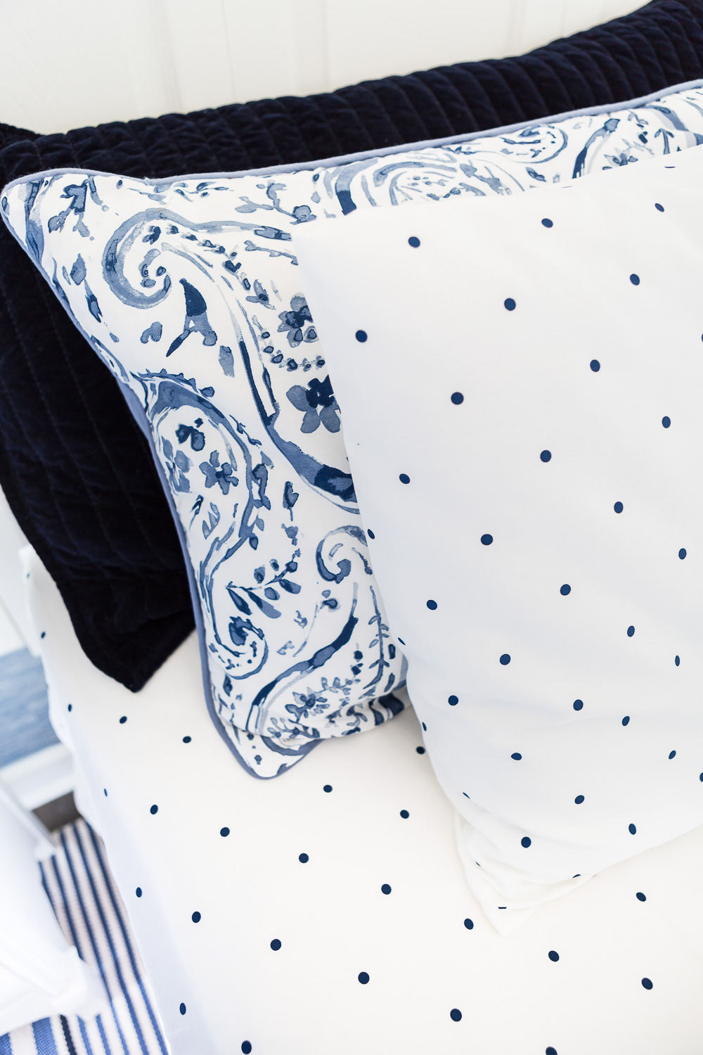 Bed Pillows on be in navy and white color scheme