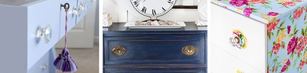 Blue chalk painted sideboard in decorated entry of home