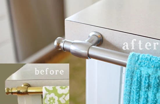 Before and after metal towel bar after being spray painted and sealed with a spray sealer.
