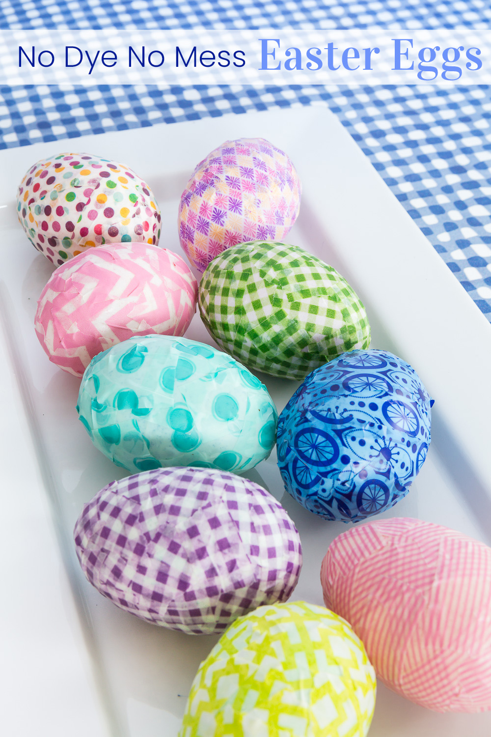 Washi tape covered Easter eggs in white tray. They are the easy no dye, no mess way to color Easter eggs easily.