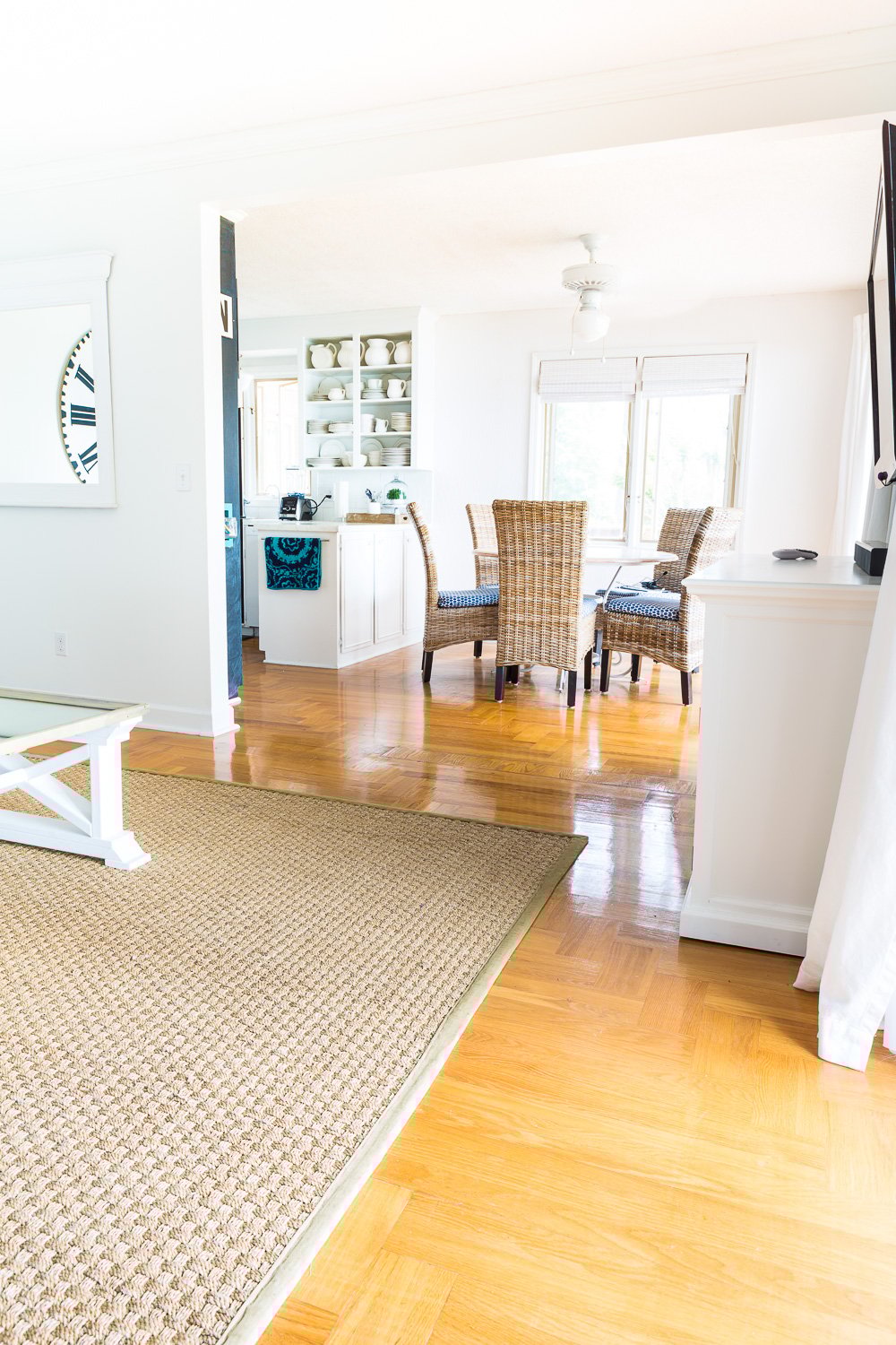 Living room showing hardwood floor that has turned amber orange over time