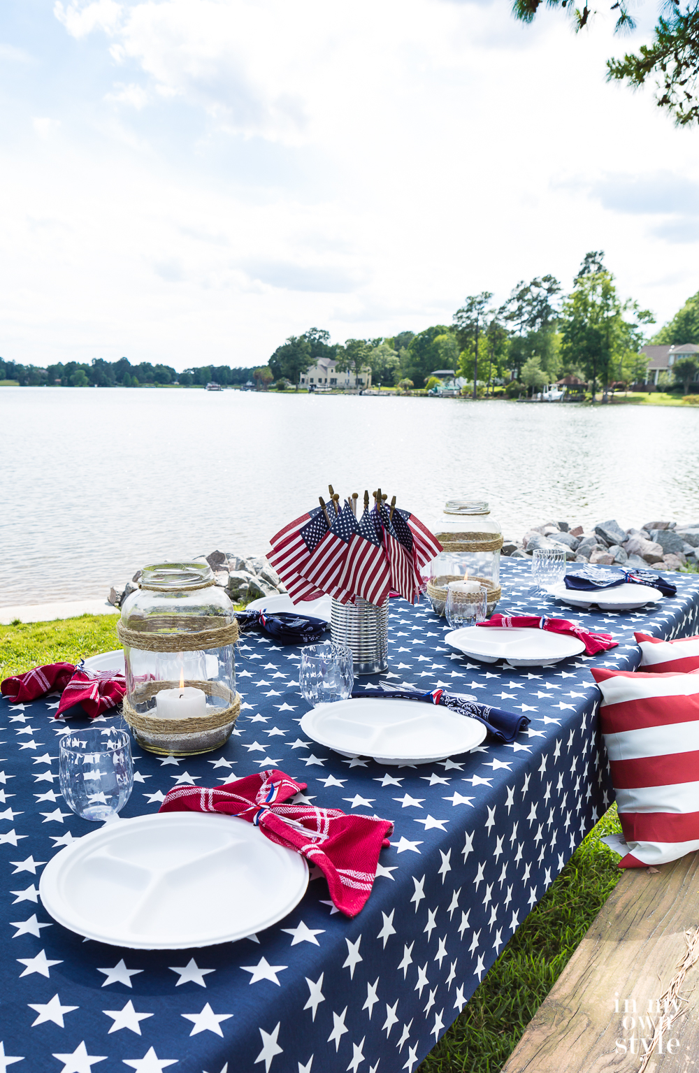 Fourth of July picnic table set along a lake