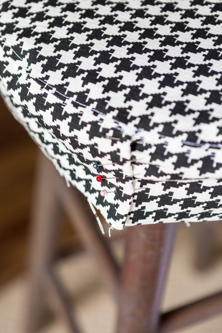 Black and white Herringbone fabric made into a round stool topper.