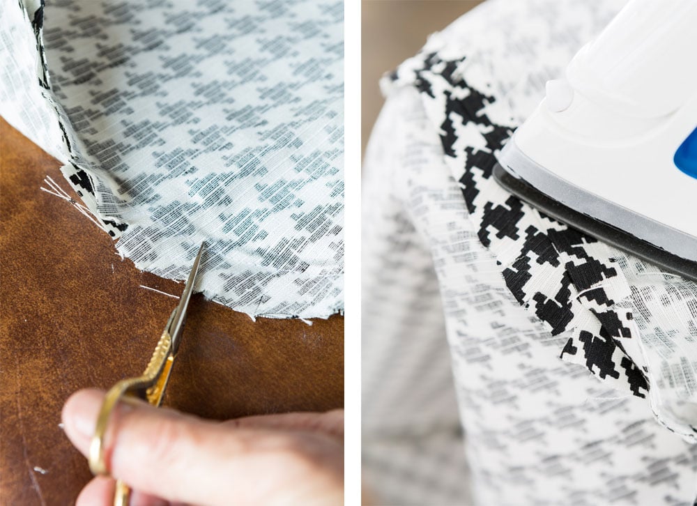 Tutorial showing how to make a fabric cover for a round stool.
