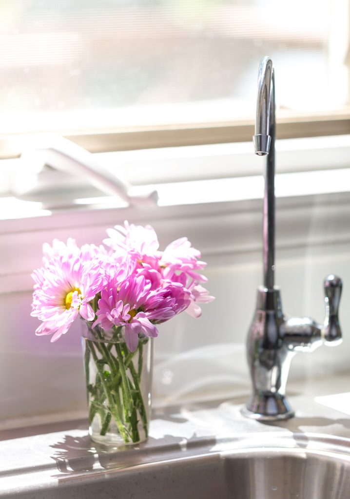 Small glass by kitchen sink filled with short stems leftover from a flower bouquet