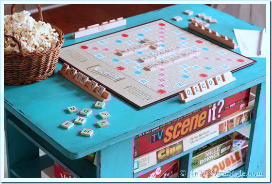 Top-view-of-rolling-game-table with Scrabble board on it