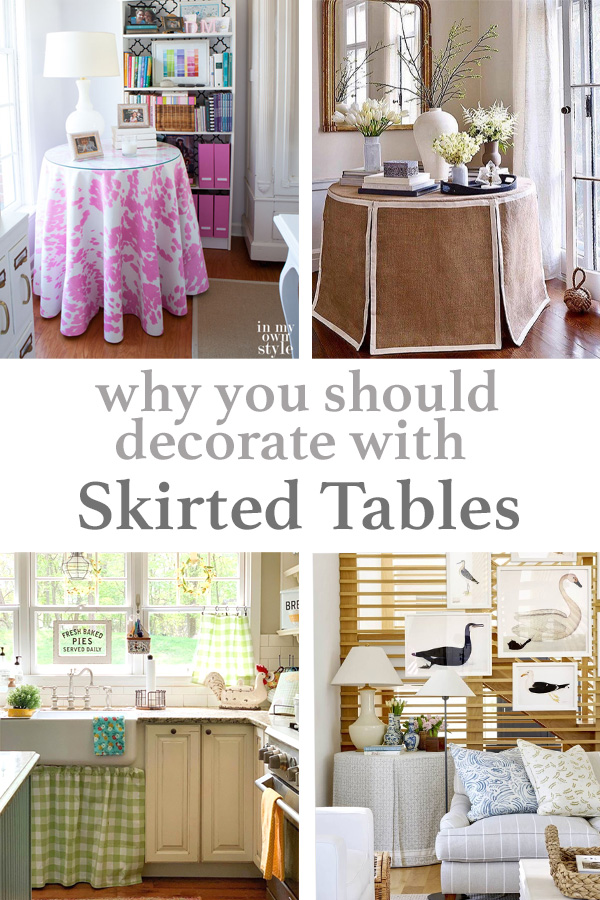 4 photos of skirted tables in decorated rooms.