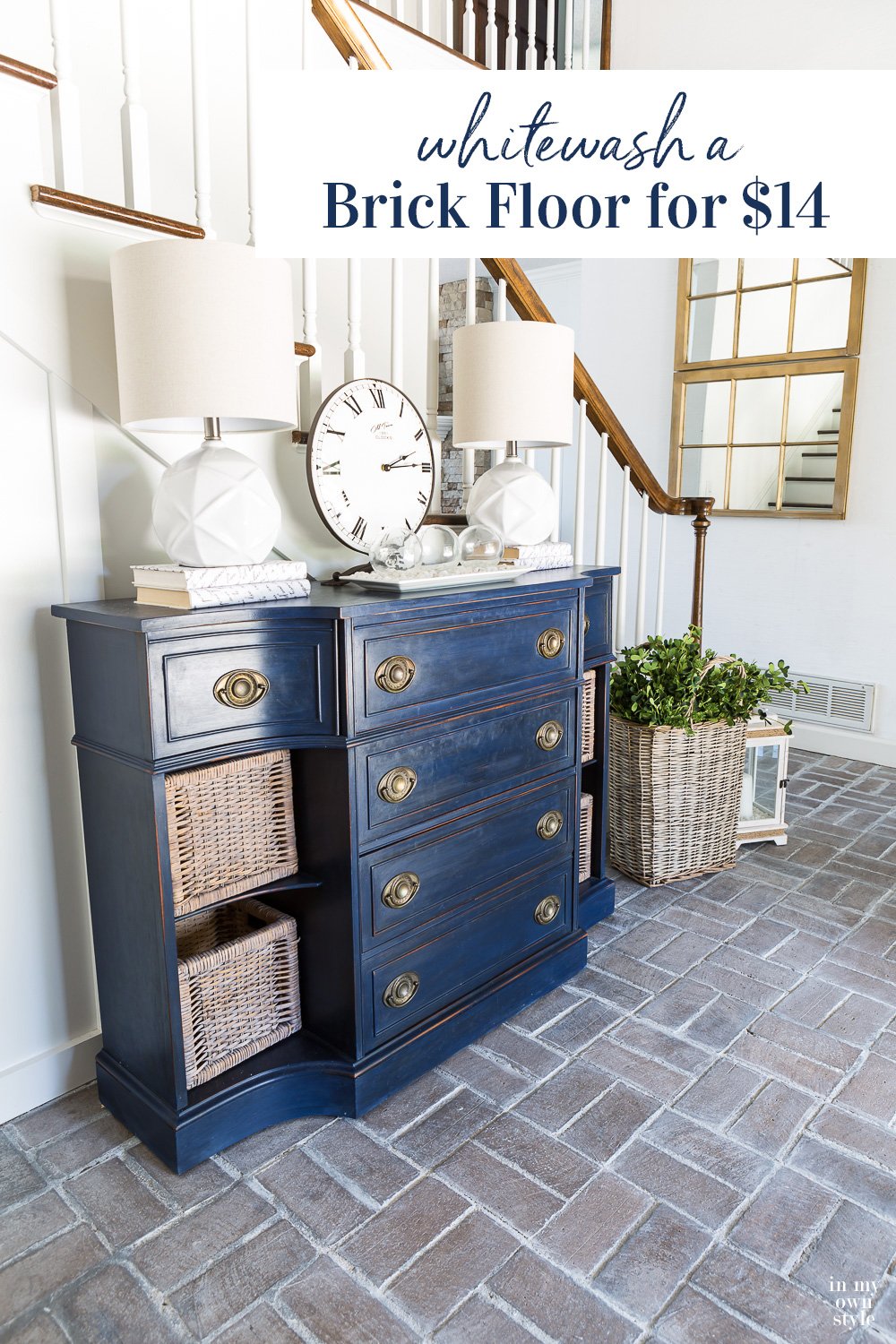 How to whitewash a brick floor for $14 using grout paint. Find out how easy it is to do this DIY floor painting project in an afternoon for a room this size. 
#brickflooring #brickfloormudroom #brickfloorfoyer #brickfloorkitchen #paintedfloor #whitewashbrick #DIYdecor 