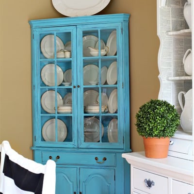 Home made chalk painted corner cabinet