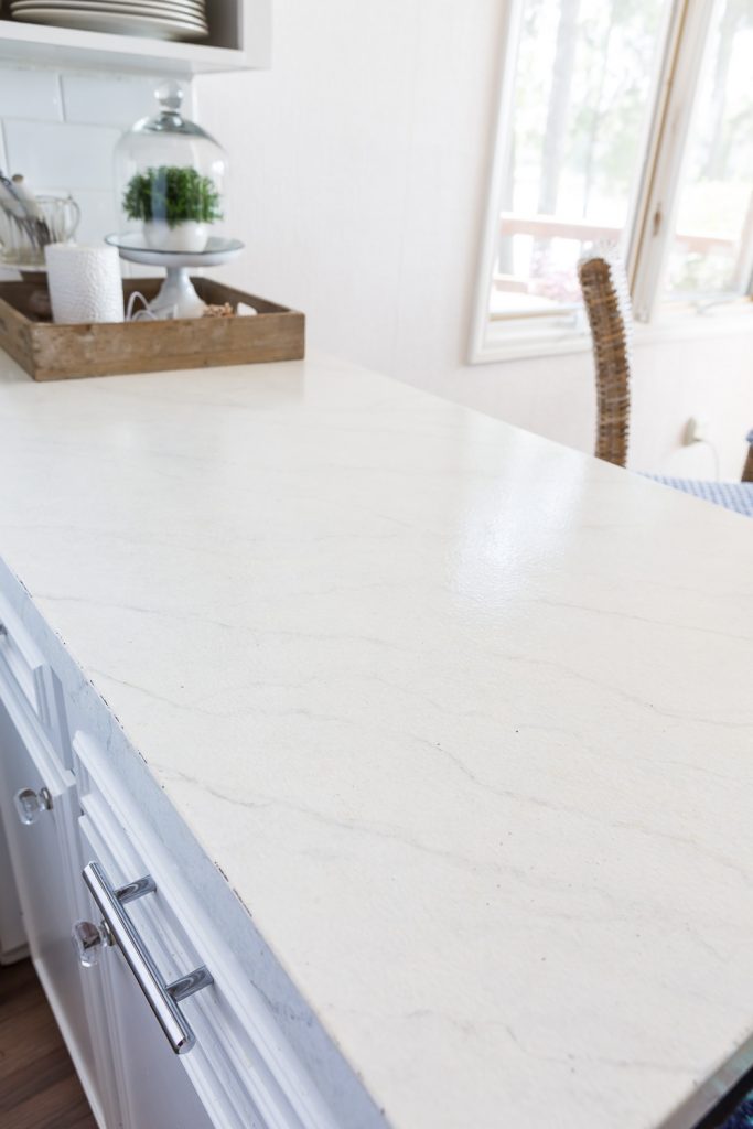 Kitchen counter painted to look like Carrara Marble