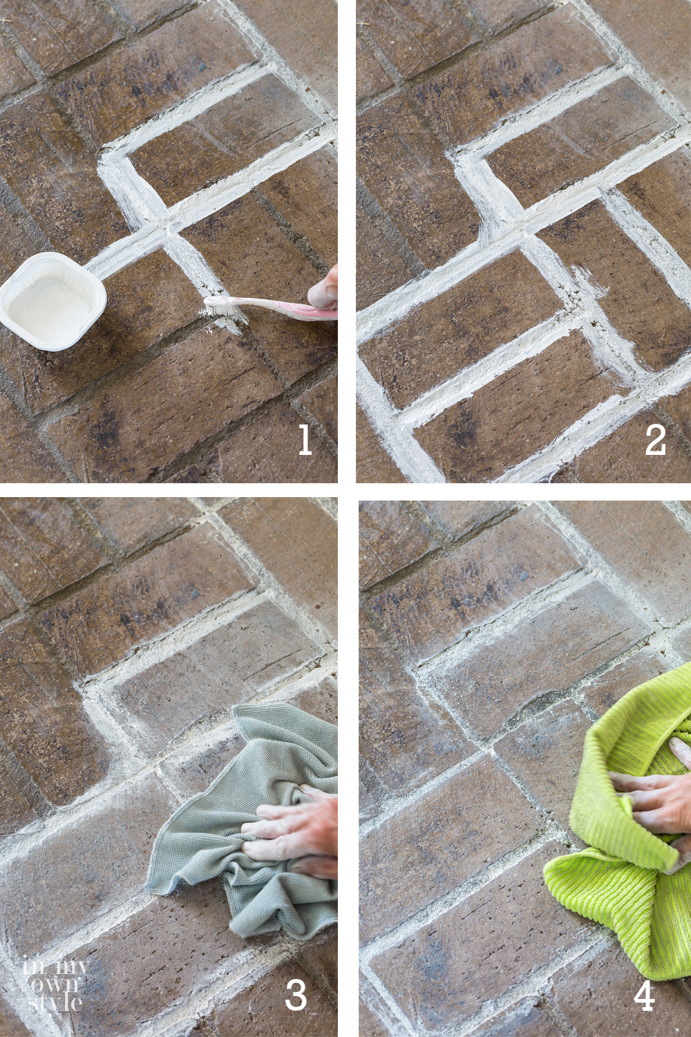 the four steps to whitewashing a brick floor to lighten it and the grout