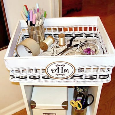 Rolling craft cart made using wood cubes and a rectangular basket