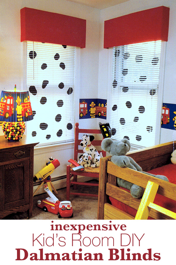 Two windows in a child's room with Dalmatian spots on the blinds. 