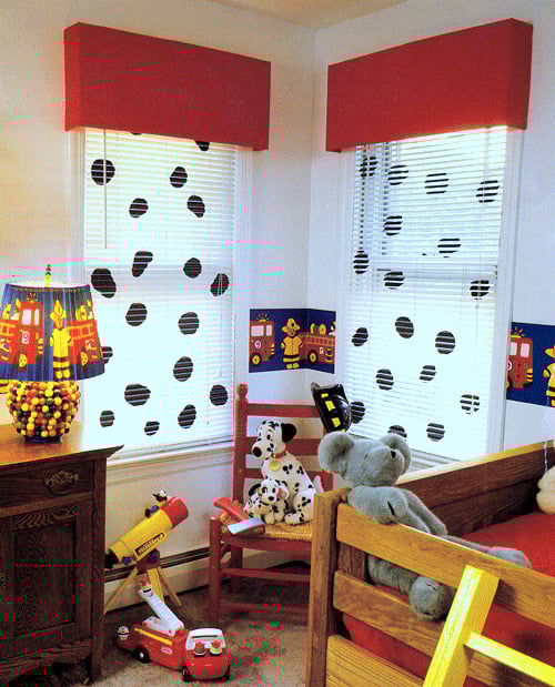 DIY Red corduroy cardboard window cornice with Dalmatian blinds.