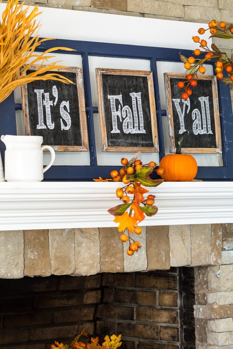 It's Fall You All Written on Small Chalkboards on a mantel